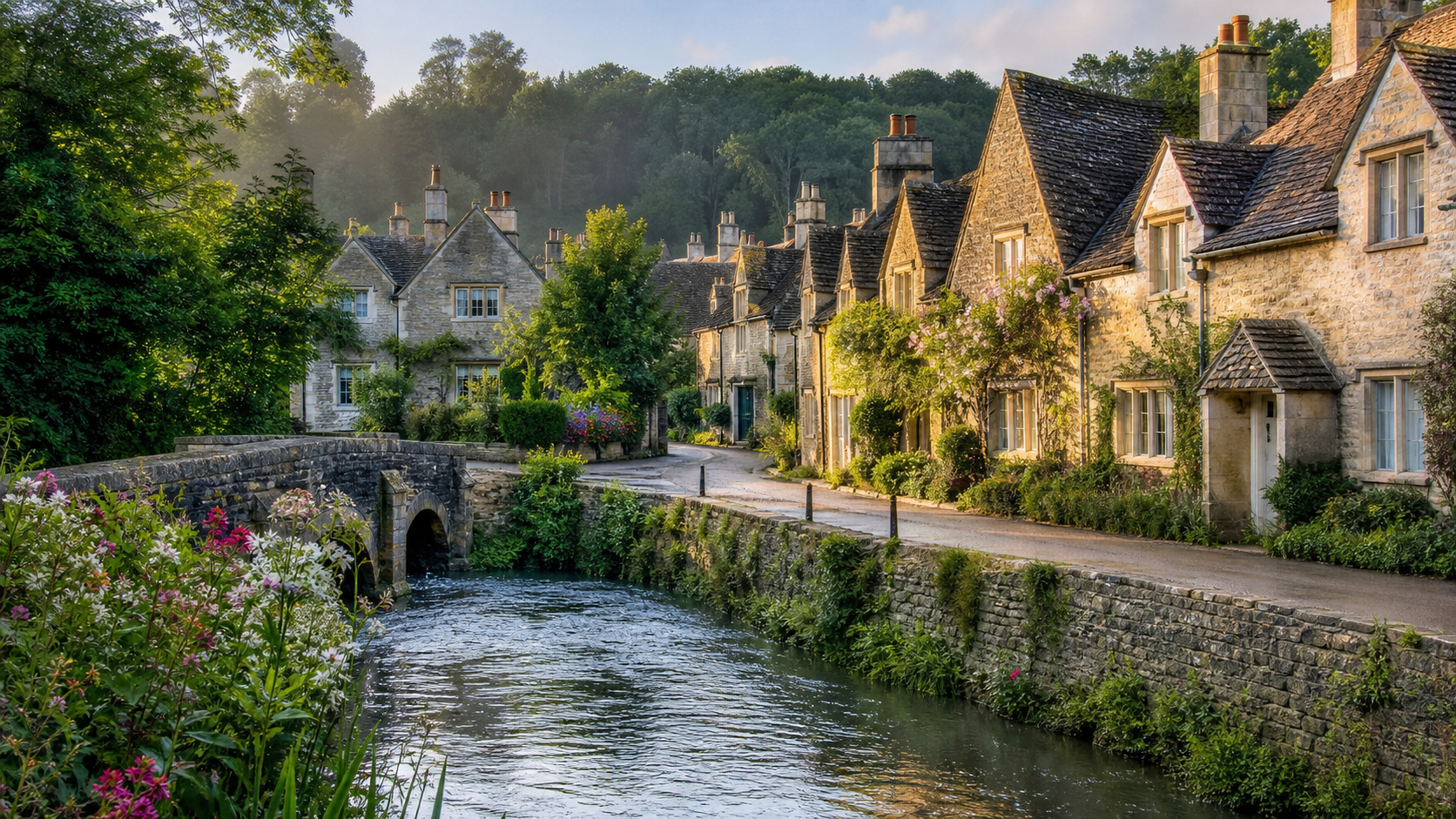 A peaceful early-morning view of Castle Combe in the Cotswolds