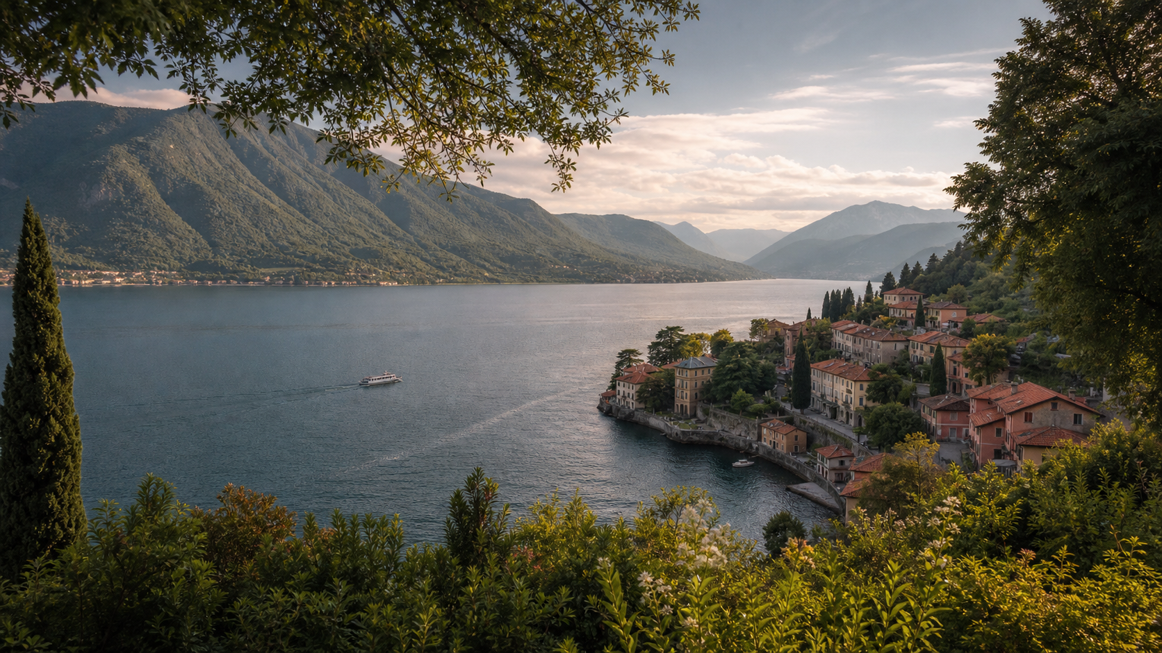 A warm late-afternoon view across Lake Como in Italy